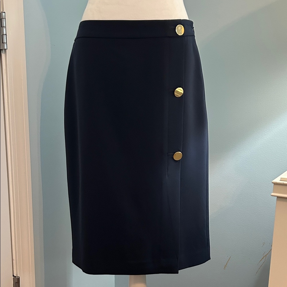 Ann Taylor Factory Navy Pencil Skirt with Gold Buttons